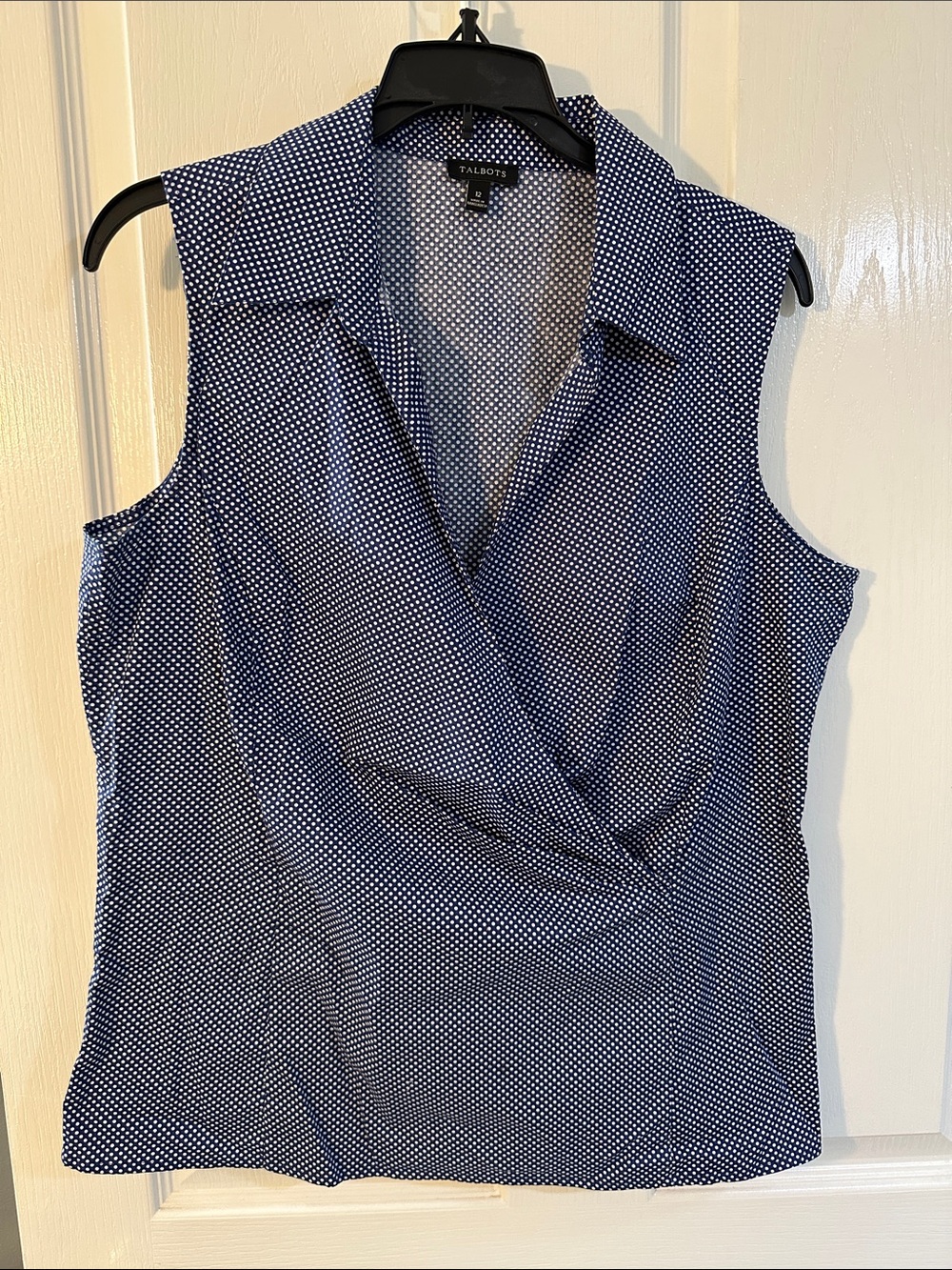 Talbots Navy and White Polka Dot Sleeveless Faux-Wrap Top